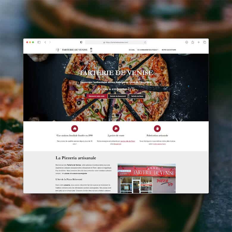 Site internet de la Tarterie de Venise, spécialiste de la vente de pizza à emporter.